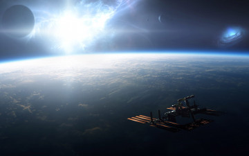 Картинка космос космические+корабли +космические+станции свечение вселенная планеты кмс станция