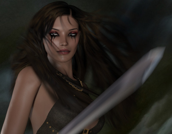 Обои картинки фото 3д графика, fantasy , фантазия, меч, взгляд, девушка