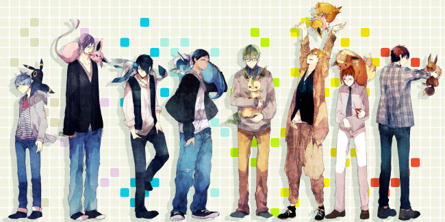 Обои картинки фото аниме, *unknown , другое, кулон, рубашка, akashi, seijuurou, murasakibara, atsushi, aomine, daiki, kise, ryouta, midorima, shintarou, kuroko, tetsuya, галстук, свитер, джинсы, кеды, звери, парни