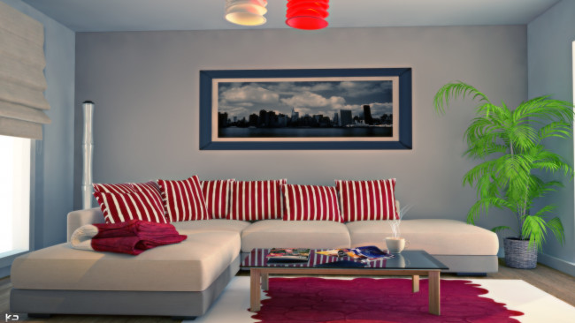 Обои картинки фото 3д графика, realism , реализм, диван, комната, растение, подушки, картина