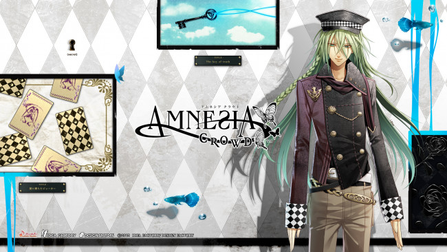 Обои картинки фото аниме, amnesia, парень, карты, коса, зеленые, волосы, амнезия