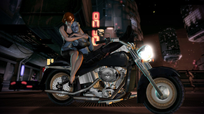 Обои картинки фото mass effect 2, видео игры, мотоцикл, существо, девушка