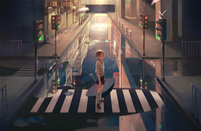 Обои картинки фото аниме, *unknown , другое, переход, дома, зонт, светофор, город, отражение, вода, парень