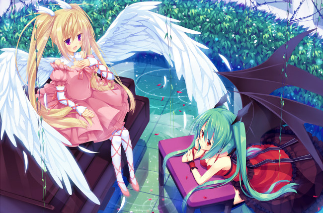 Обои картинки фото аниме, -angels & demons, растение, перья, вода, крылья, демон, ангел, две, девушки