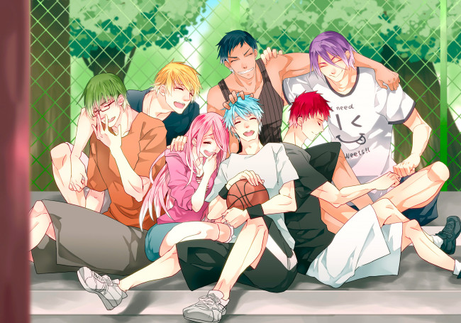 Обои картинки фото аниме, kuroko no baske, парни, мяч, murasakibara, atsushi, midorima, shintarou, akashi, seijuurou, улыбка, радость, kuroko, tetsuya, aomine, daiki, kise, ryouta, настроение, девушка, momoi, satsuki