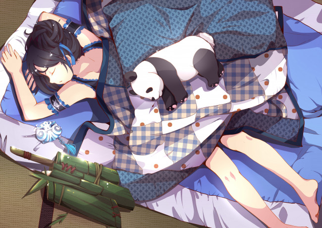 Обои картинки фото аниме, *unknown , другое, спит, сон, девушка, арт, игрушка, медведь, панда, одеяло