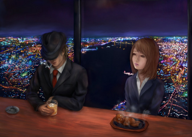 Обои картинки фото аниме, *unknown , другое, стакан, алкоголь, бар, шляпа, блюдо, медведь, девушка, парень, город, ночь