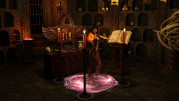 Картинка 3д+графика фантазия+ fantasy книга свечи черепа фон взгляд девушка магия