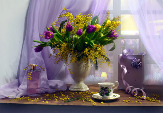 Картинка цветы букеты +композиции мимоза тюльпаны букет
