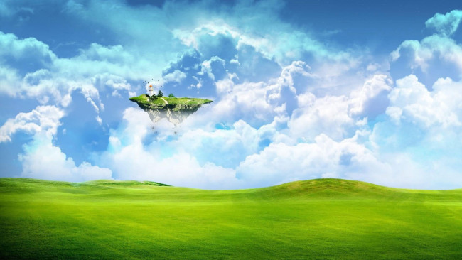 Обои картинки фото 3д графика, природа , nature, небо, облака, остров, луга