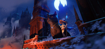 Картинка фэнтези маги +волшебники девушка шляпа посох кошка замок снег луна