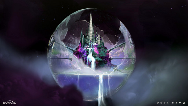 Обои картинки фото видео игры, destiny 2, шар, замок, водопад