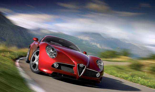 Обои картинки фото alfa romeo 8c, автомобили, alfa romeo, красный, дорога, горы