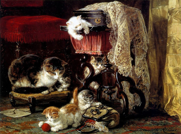 Обои картинки фото рисованное, henriette ronner-knip, кошка, котята, клубок