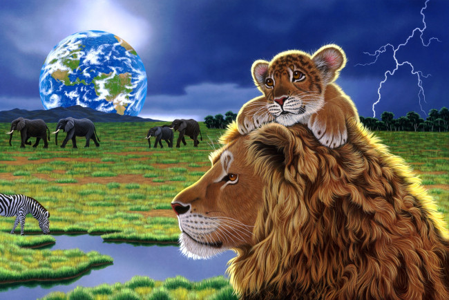Обои картинки фото рисованные, william, schimmel, планета, арт, львы, земля