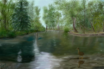 Картинка рисованные природа деревья река утка