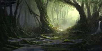 Картинка фэнтези пейзажи родник деревья лианы лес