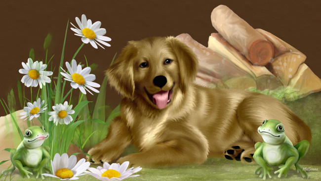 Обои картинки фото рисованные, животные,  собаки, собака, цветы, лягушка