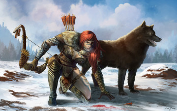 Картинка фэнтези красавицы+и+чудовища тату доспехи воин стрелы лук снег волк девушка