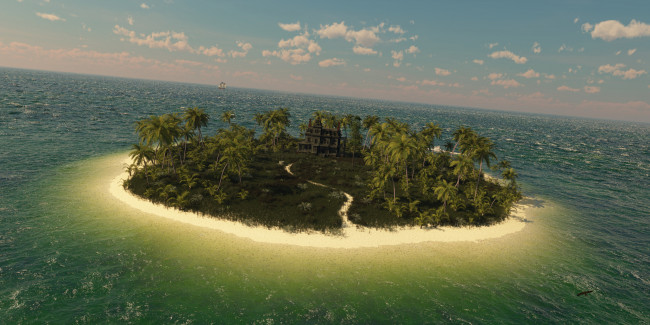 Обои картинки фото 3д графика, природа , nature, море, небо, облака, остров, пальмы, дом