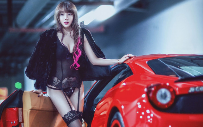 Обои картинки фото автомобили, -авто с девушками, red, woman, asian, ferrari