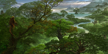 Картинка фэнтези пейзажи море горы река деревья лес панорама