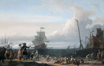 Картинка рисованное живопись людольф бакхёйзен голландские корабли на рейде у тексела люди картина пейзаж