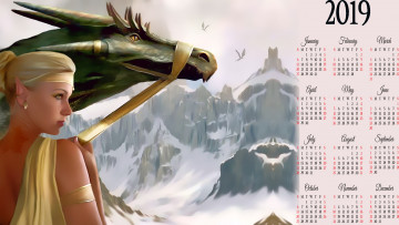 обоя календари, фэнтези, девушка, профиль, дракон, снег, скала, гора