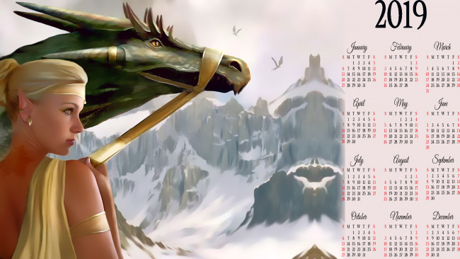 Обои картинки фото календари, фэнтези, девушка, профиль, дракон, снег, скала, гора