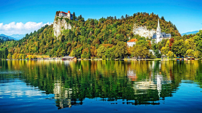 Обои картинки фото города, блед , словения, озеро, замок, отражение