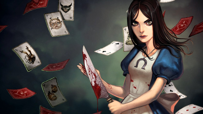 Обои картинки фото видео игры, american mcgee’s alice, алиса, нож, кровь, карты