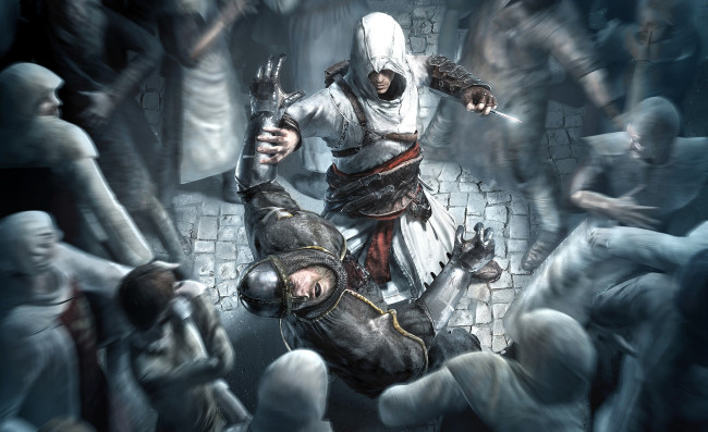 Обои картинки фото видео игры, assassin`s creed, рыцарь, ассасин, поединок, люди