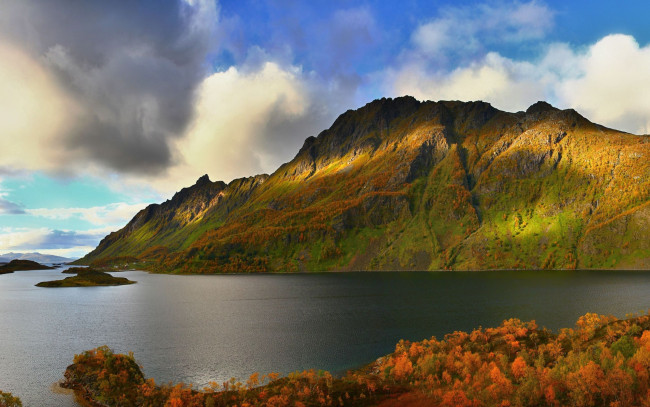 Обои картинки фото природа, реки, озера, островки, осень, леса, горы, море