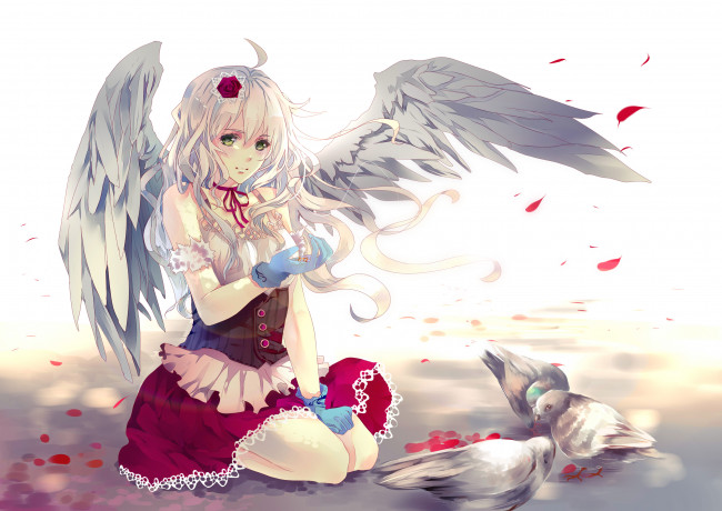 Обои картинки фото аниме, angels, demons, девушка, крылья, птицы, голуби, лепестки, роза