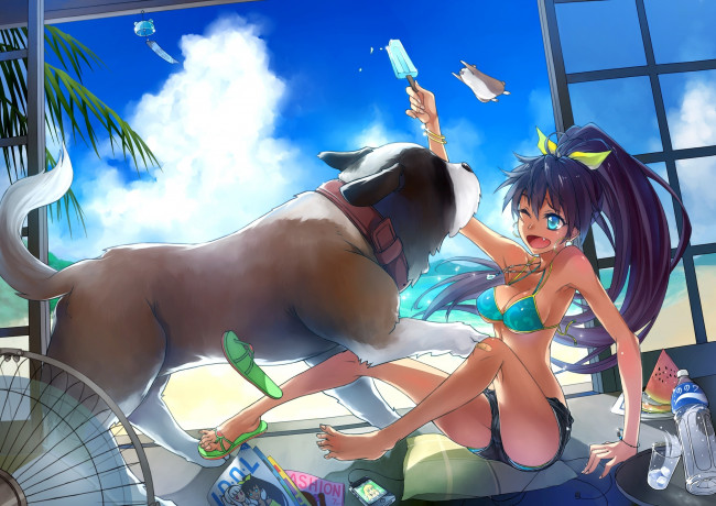 Обои картинки фото аниме, idolm@ster, idolmaster, девушка, собака, мороженое, вентилятор, игра