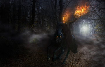 Картинка фэнтези всадники наездники тыква огонь лес