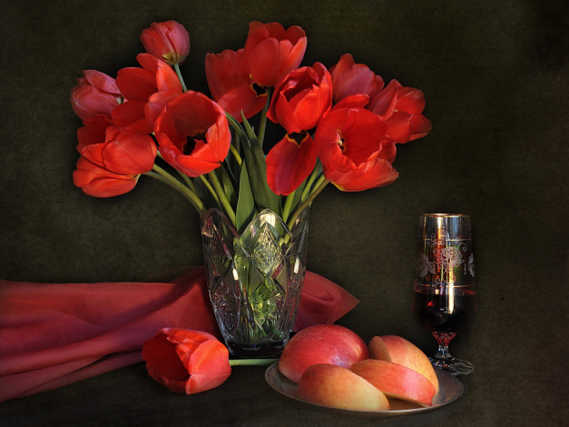 Обои картинки фото еда, натюрморт, яблоко, вино, цветы
