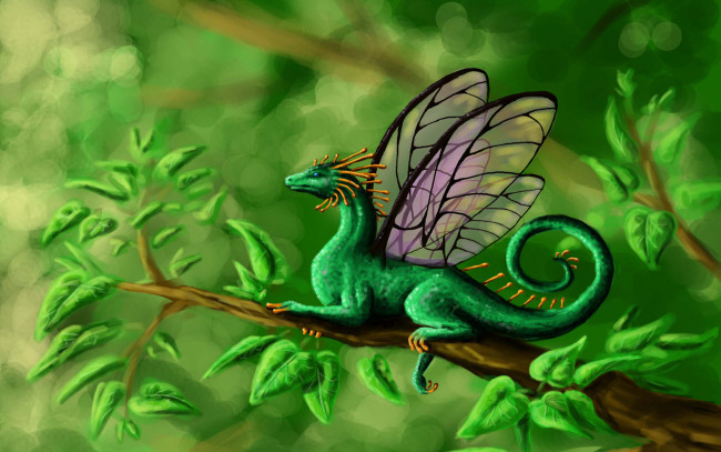 Обои картинки фото фэнтези, драконы, крылья, ветка, листья