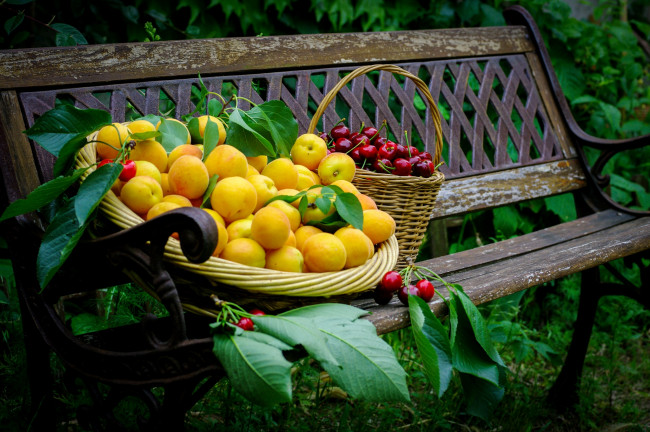 Обои картинки фото еда, фрукты, ягоды, абрикосы, черешня, скамейка