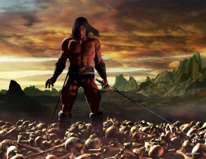 Картинка 3д+графика фантазия+ fantasy черепа горы оружие мужчина тучи