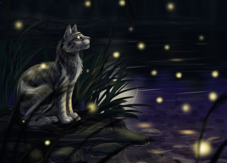 Картинка рисованное животные +коты кот ночь река светлячки