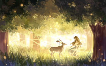 Картинка аниме животные +существа арт zicai tang девушка олень природа деревья рога
