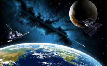 Картинка космос арт планеты земля космический корабль шаттл космическая станция