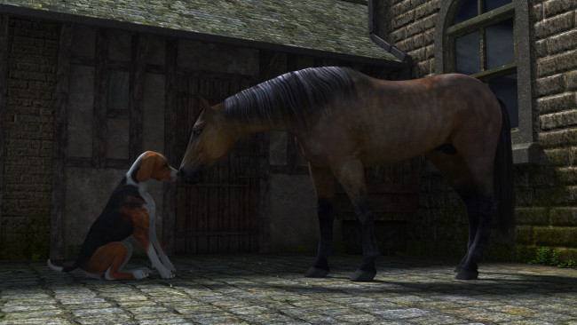 Обои картинки фото 3д графика, животные , animals, лошадь, фон, ночь, собака