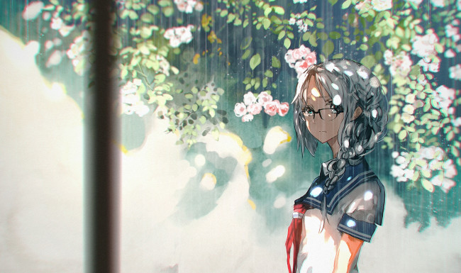 Обои картинки фото аниме, unknown,  другое, растения, 5esrs, цветы, дождь, очки, девушка, форма