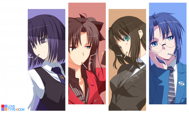 Обои картинки фото аниме, unknown,  другое, ciel, kokutou, azaka, kuonji, alice, tohsaka, rin, коллаж, девушки, сигареты, tsukii, tsukato