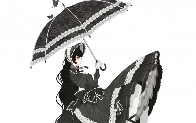 Обои картинки фото аниме, unknown,  другое, пышное, платье, зонт, девушка, готическая, лолита, gothic, lolita, бабочки, банты