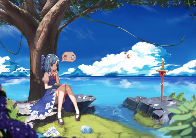 Обои картинки фото аниме, touhou, небо, арт, sugar, sound, hakurei, reimu, cirno, дерево, девочка