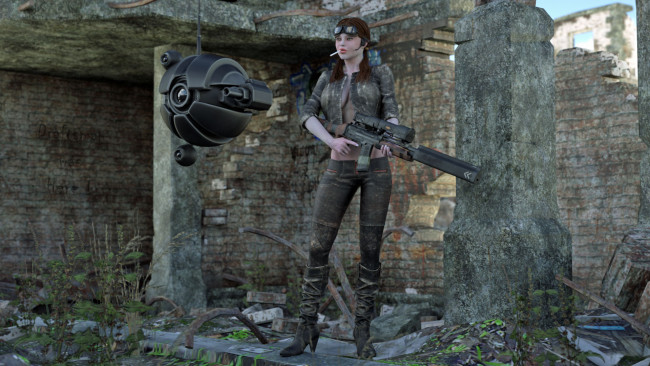 Обои картинки фото 3д графика, фантазия , fantasy, девушка, оружие, фон, взгляд