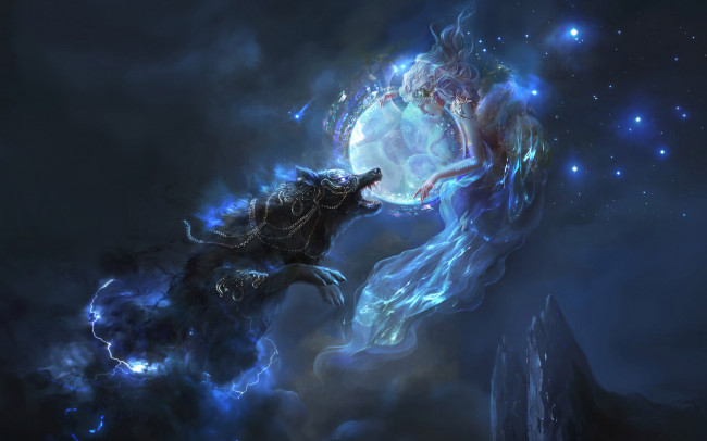 Обои картинки фото фэнтези, красавицы и чудовища, горы, молния, луна, ночь, волк, девушка, звезды